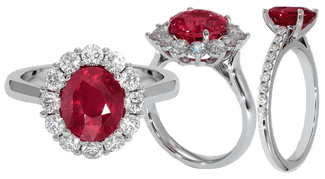 Ruby engagement rings with pave set diamonds set in platinum